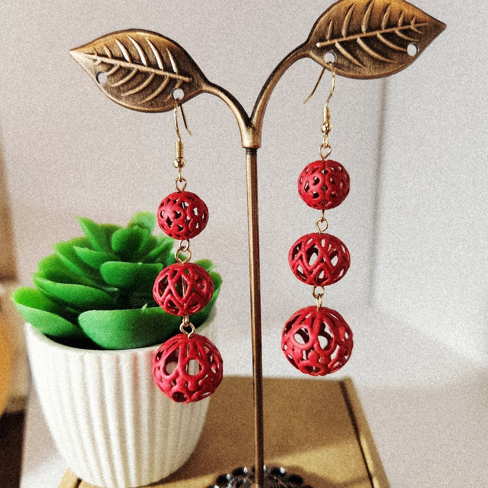 Red Filigree Triple Sphere Drop Earrings Gold Tone Boho Dangle Statement Jewelry